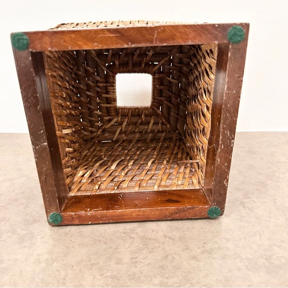 Woven Wood Square Cube Tissue Box Cover Wicker Basket Rattan Boho Medium Brown